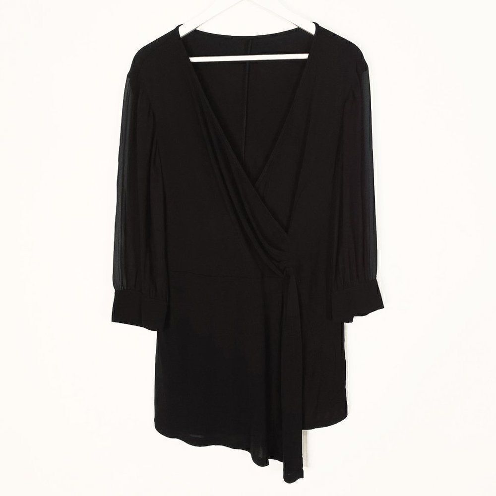 Max Mara Black Asymmetric Surplice Dress with Sheer Sleeves